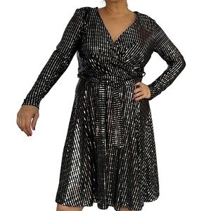 Black & Silver Embellished Faux Wrap Midi Dress Long Sleeve Shimmer Party Dress